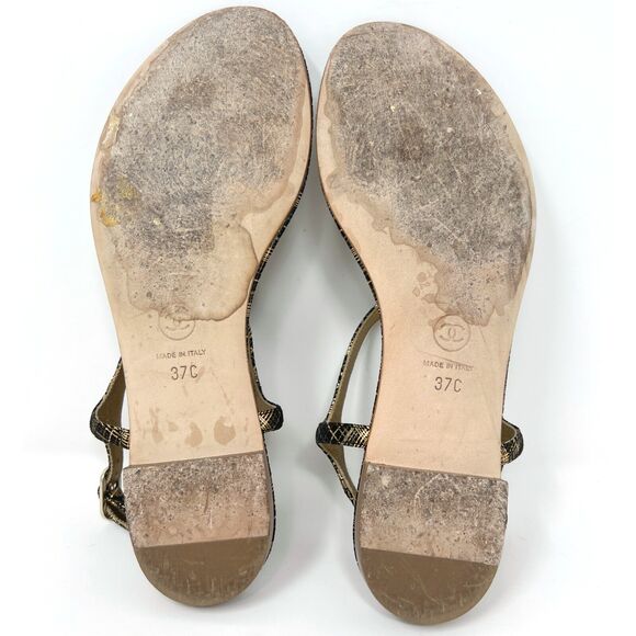 Chanel Black Gold CC Crystal Thong Sandals Size 37C Flat Cruise 2016 - Picture 8 of 10